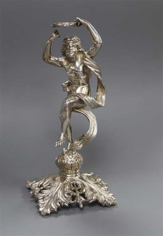 An early 20th century Austro Hungarian? white metal mount, modelled as maiden with a tambourine, makers mark JL?, 14.5cm.